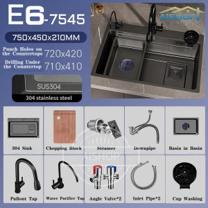 [SG Stock] Local Warranty 304 Stainless Steel Nano Kitchen Sink Single Basin Bowl With Pullout Faucet Tap
