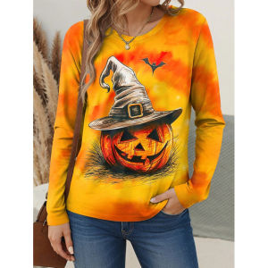 Halloween series hot-selling womens spring and autumn round neck long-sleeved top T Versatile and casual for everyday wear T Shirt