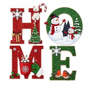 YERZ 4 pcs Wooden Home Letter Decor Self Adhesive 2D Flat Wall Decor Entrance Decor Snowflake Bear Xmas Door Ornaments Christmas