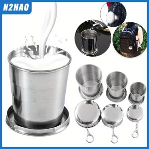 N2HAO 250ml Stainless Steel Folding Cup Outdoor Travel Camping Portable Collapsible Water Cups With Keychain Retractable Teacups