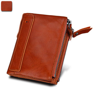 AE Crazy Horse Leather Mens Wallet   RFID Anti-theft Cowhide Short Mens Wallet with Double Zipper Coin Purse