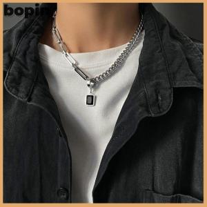 Bopin Creative Hip-hop Tide Simple Black Square Earrings Pendant Necklace Mens Dual-use Design Stainless Steel Stitch Necklace