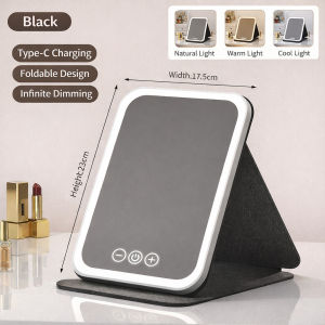 Portable LED Makeup Mirror with Three Colors Light Foldable PU Leather Dressing Table Mirror