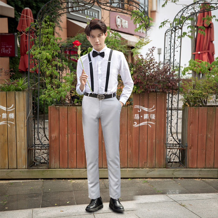 Groomsman Best Man Wedding Casual Plain White Long-Sleeve