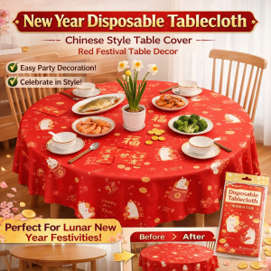 New Years Lucky Tablecloths Set Horse Year Table Cover Disposable Plastic Tablecloth Dining Table Cover 免洗加厚圆桌款