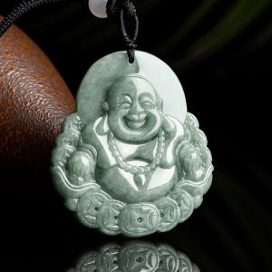 TIMESWIND with Certificate Natural Jade Green Coins Laughing Buddha Pendant Men Necklace Y1N