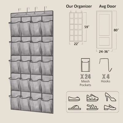 Door Hanging Storage Bag Mesh Breathable 24 Pockets Foldable Space Saving Multi-Use with 4 Hooks