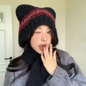 THANKSKY Phong cách Fair Isle Mũ đan Jacquard Lót lông cừu Phong cách dân tộc Bộ mũ và khăn len Phong cách retro Ấm áp Mũ len tai gấu Phụ kiện thời trang