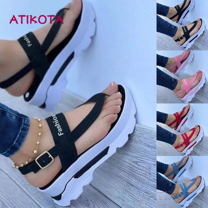 Atikota Women Fashion Wedge Sandals Large Size Buckle Flip Flop