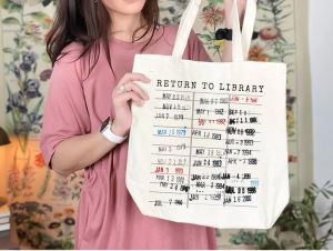 Handbag for returning books to the library vintage stamp with the library cards expiration date a literary gift from the 90s for her him a reader an author a librarian or an English teacher.