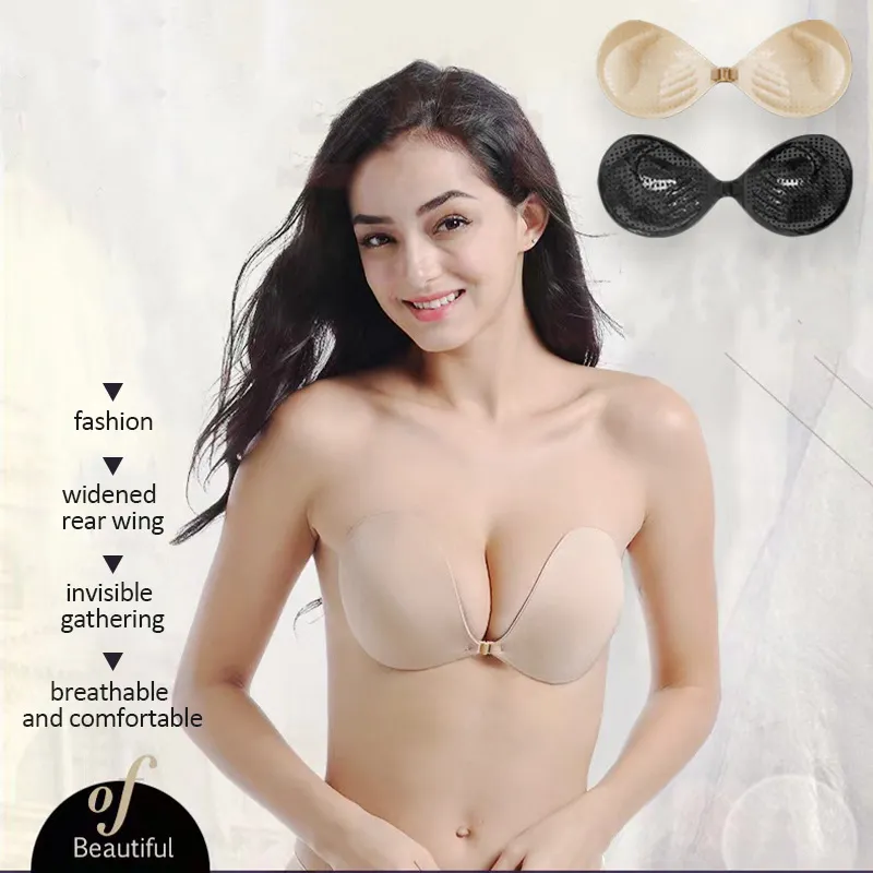 Strapless Backless Thickening Bra Women's Silicone Body Invisible Front  Buckle Bra Self-Adhesive Gathering Enhanced Breathable Bra