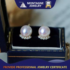 Montagne Jewelry 18K Pure Gold Earrings For Women Natural Diamond Inset Design Fine Jewellery Natural Top Grade 6.5-6mm Akoya Pearl Earrings Stud Earring