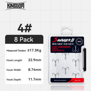 Lưỡi câu cá Thương hiệu Kingdom được làm bằng vật liệu thép carbon ba bao gồm các kích cỡ 4 6 8 10 12 và 14. Chúng cứng chống ăn mòn và bền với các đầu nhọn và móc đảo ngược mạnh mẽ. Mỗi hộp chứa 8 miếng