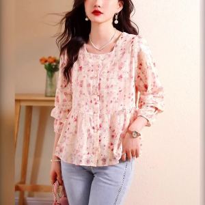 Ammin Mùa Xuân/Mùa Hè 2024 mới hình vuông đơn giản cổ áo thêu ngọt ngào Dài Tay Họa Tiết Hoa Áo voan của phụ nữ phong cách Hàn Quốc in hoa tay áo phồng Áo Blouse thanh lịch