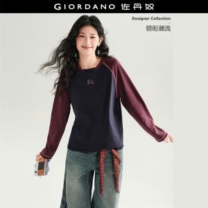 GIORDANO Women T-Shirts Cat Embroidery Relaxed Tee Crewneck Contrast Raglan Sleeve Fashionable Casual T-Shirts 18326529
