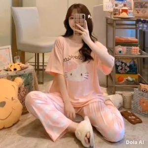 Fast Shipping Cartoon Pyjamas Baju Tidur Perempuan Short Sleeve Long Pants Wanita comfortable material set nightwear woman Pajamas ladies