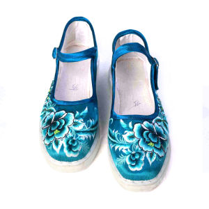 Thousand-Layer Sole Cloth Shoes Raw Edge Cloth Shoes Peony Flower Square-Toe Embroidered Shoes