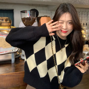 Rajut Gaya Korea Atasan Lengan Panjang Longgar Sweater Wanita Warna Kontras Kotak-kotak Retro Belah Ketupat Lengan Panjang Sweater