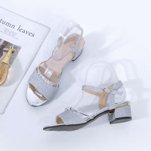 Komfanee Women Bottom Heel Sandals 2023 Korean Style Fashionable All-Matching Rhinestone Ankle-Strap Buckle Chunky Heel