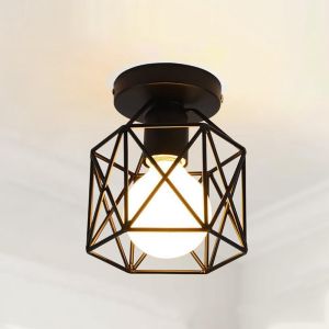 【Free LED Bulb】Iron Cage Chandelier Ceiling Lights LED Geometric Vintage Drop Lamp Minimalist Personality American Hanging Light For Living Room Corridor Ceiling