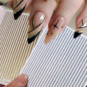 ZEEMIN 8pcs Colorful Glitter Lines Stripe Nail Sticker Decal Holographic French Metal Stripe Nails Slider 3D Self-Adhesive Nail Sticker