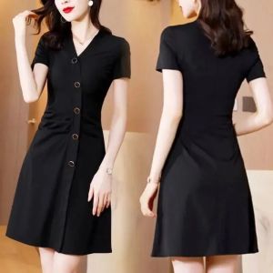 Black Dress Female Summer New V-neck Short-sleeved Little Black Dress Large Size Slim Skirt Female