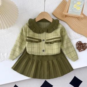 Bear Leader Winter Green Sweater Childrens Sets Checkered Mushroom Edge Collar Single Breasted Cardigan+Pleated Skirt Suits