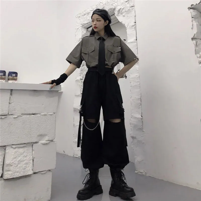 Black Cargo Pants for Women Techwear with Chain Gothic Harajuku Punk  Streetwear E-Girl Grunge Y2k Alt Emo Clothing