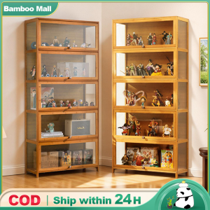 Bamboo Display Cabinet With Acrylic 3/4/5Layers 60/70/80CM Transparent Living Room Cabinet Shelf Organizer