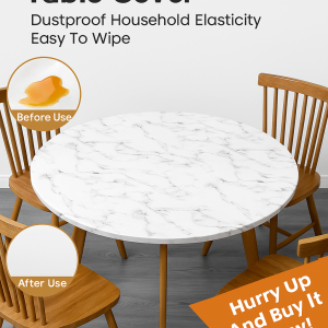 Elastic Round Table Cloth Waterproof Oil-Proof Kitchen Dinning Table Cover Dust-Proof Marble Printed Texture Tablecloth
