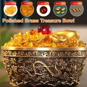 Feng Shui Bowl Polished Brass Treasure Bowl Double Dragon Playing With Pearl Treasure Bowl Home Office Copper Cornucopia