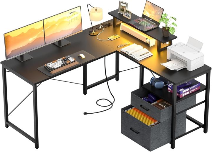 Homieasy L Shaped Computer Desk with Storage File Drawer, Reversible ...