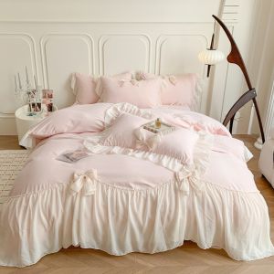 【Super low price】Korean Style Princess Lace Bow Bedding Set Pink Sweet Girl Chiffon Ruffles Duvet Cover Bed Sheet Pillowcase Wedding Home Textile
