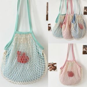 ANGY แบบพกพาได้ กระเป๋าสะพายไหล่ตาข่าย จุได้มาก สีสดใหม่ ถุงของชำทอ ล้างทำความสะอาดได้ ช้อปปิ้ง กระเป๋าถือแบบถือ สำหรับผู้หญิง