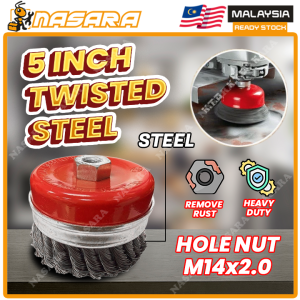 Nasara 4 / 5 Inch M14 X 2.0 Cup Brush Brass Stainless Steel Twisted Wire Crimped Stain Rust Removal Berus Cawan Dawai