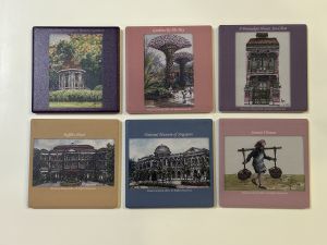 Uniquely Singapore Ceramic Coaster Set - A set of 6 different coasters printed with heritage & iconic scenes by local artist Joanna Wong