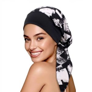 NOBLELUX Elastic Fabric Muslim Hijab Hat Flower Print Long Tail Design Chemo Beanies Cap Comfortable Adjustable Fit Bandanas Hat For Women