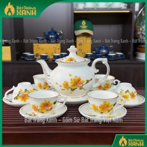 Bộ ấm chén Bát Tràng mai vàng phú quý vẽ vàng 24k - Bộ bình trà Bát Tràng Cao Cấp
