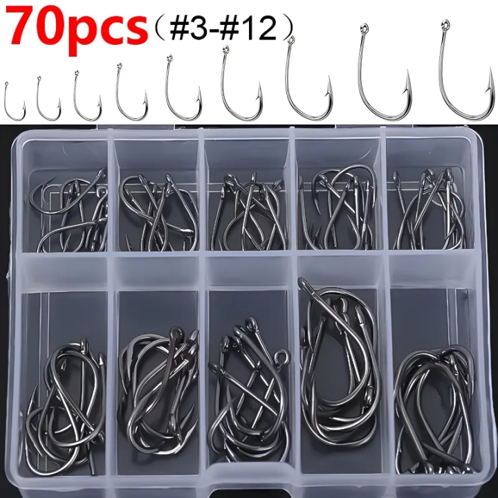 70pcs Fishing Hooks Set High Carbon Steel Barbed FishHooks for Saltwater Freshwater  Fishing Gear Fishing Accessories 3#-12#