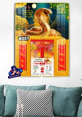 Lịch Tết 2025 Lịch Gỗ Treo Tường Laminate Tráng Gương Ất Tỵ 3D kích thước 30x40cm Gắn Bloc Đại Lỡ MS7-11