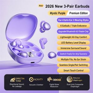NEWMSNR Wireless Bluetooth Earphones Digital Battery Display Charging Case 3 Pairs 6 Earbuds Clip On Semi In Ear Designs for Music Podcasts Videos Daily Listening Smartphones Tablets Laptops Home Office Travel Black Beige Purple 3 in 1 Set