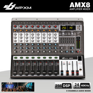 DJWPXM AMX8 Professional Power Audio Mixer Amplifier 8 Channel Bluetooth USB Sound Mixing Console 256 DSP Effects 48V Phantom Power for Stage Karaoke Live Streaming