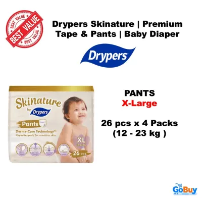 Drypers Skinature Premium Tape & Pants Baby Diapers in various sizes with best value badge.