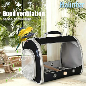 Long Tail Portable Bird Travel Carrier Cage with Metal Tray Soft Mat and Wooden Standing Perch Hands Free Lightweight Clear 2 Windows Carry Bag for Parakeet Budgies Cockatiel Transport to Vet,Parrot bag,bird travel cage