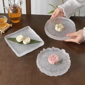 IUTRE Transparent Frosted Glass Plate Elegant Exquisite Snacks Plate Cookies Plates Ins Cold Dishes Kitchen