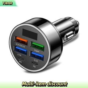 YIBAR 100W 6-Ports USB Type-C Car Charger With Voltage Display PD Fast Charging Power Adapter For Iphone Android Smart Phone Tablet