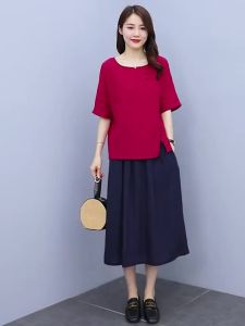 FCTop for Women Womens Short Sleeve T-shirt Summer Cotton Linen Blouse Plus Size Blouse Women New year clothes 2026 Hanfu women chinese Red top for women cny top