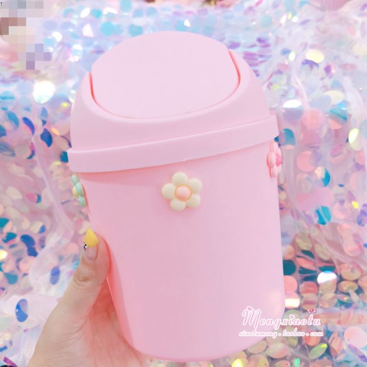 Kawaii Pink Strawberry Flower Waste Bin Desktop Portable Plastic Mini ...