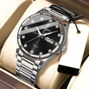 Đồng Hồ Nam POEDAGAR Dây Thép Không Gỉ Máy Quartz Mặt Tròn Dạ Quang Lịch Kép Phong Cách Lịch Lãm