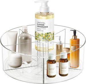 360° Rotating Makeup Organizer 11.5" Clear Turntable Lazy Susan Organizer for Vanity Bathroom Counter Pantry Cabinet Spinning Cosmetic Storage Holder with 5 Dividers for Skincare Makeup Brushes